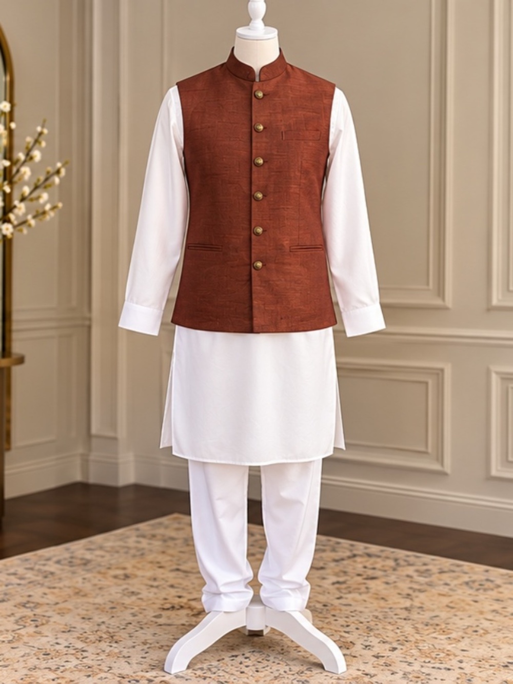 Men’s Indian Kurta Pajama with Brown Nehru Vest – 3 Piece Set